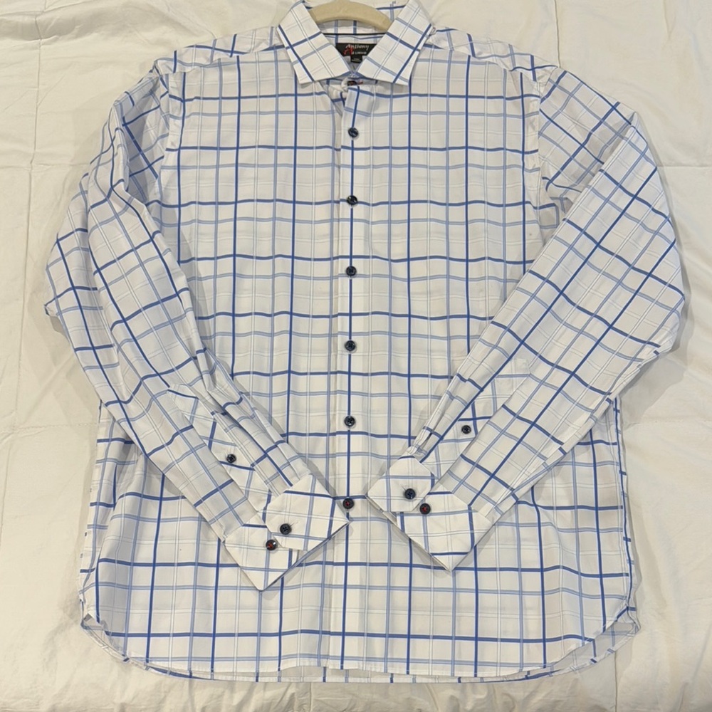 Anthony of London Blue Dress Shirt with Plaid Pattern and Long Sleeves